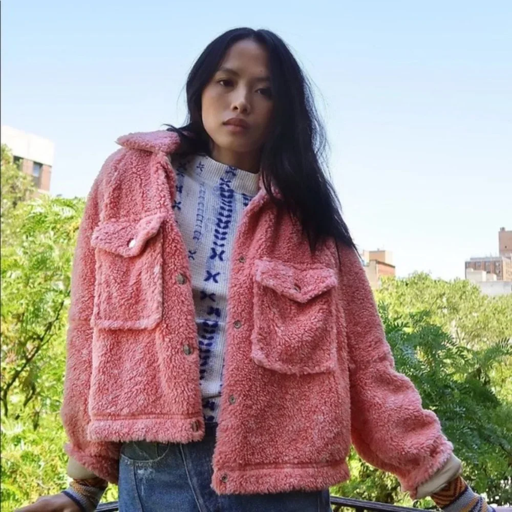 Free People Teddy Faux Fur Swing Cozy Jacket Melon Pink Coral sz XS - Picture 2 of 11
